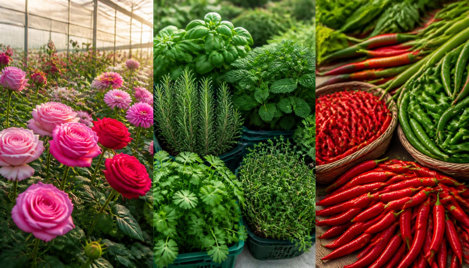 Three-panel banner showing Kenyan flowers, fresh herbs and chillies