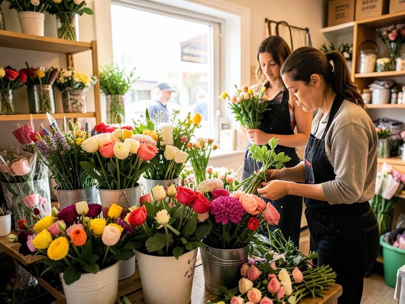 Florist arranging fresh cut flowers in a retail flower shop