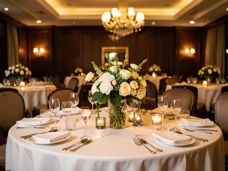 Hotel banquet table set with fresh flower centrepieces