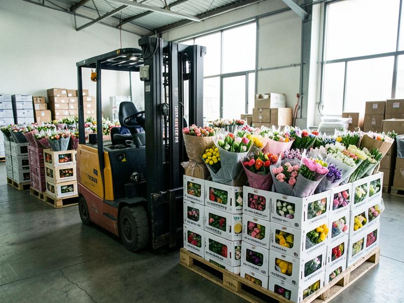 Export cartons of fresh flowers stacked in an import wholesale warehouse