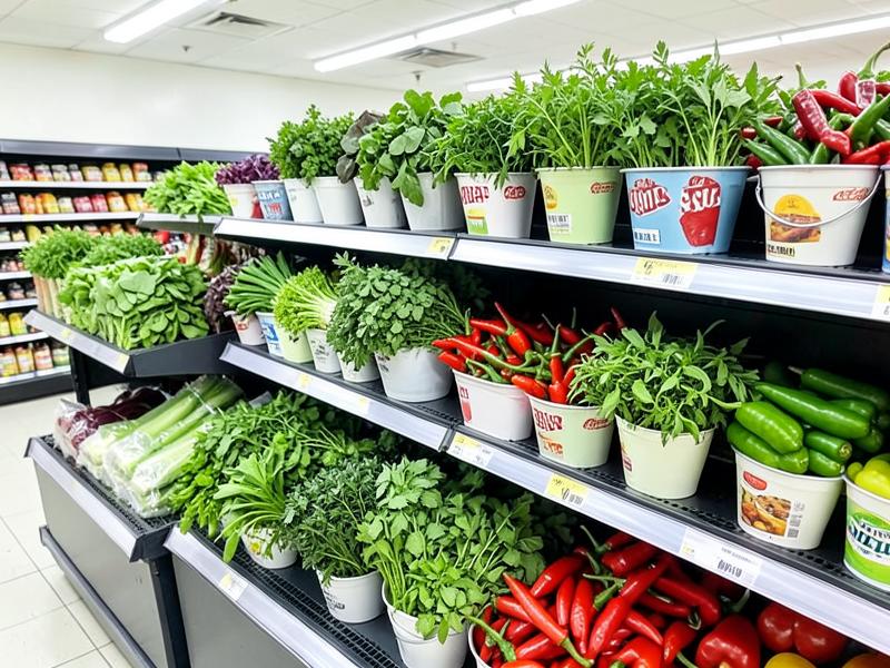 Supermarket shelves with packed fresh herbs and chillies